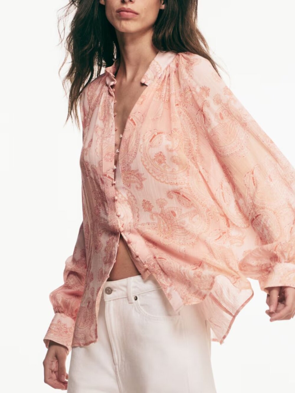 H&M Oversized Lyocell Blouse Peach Paisley Ruffle Button Blouse S Boho Romantic